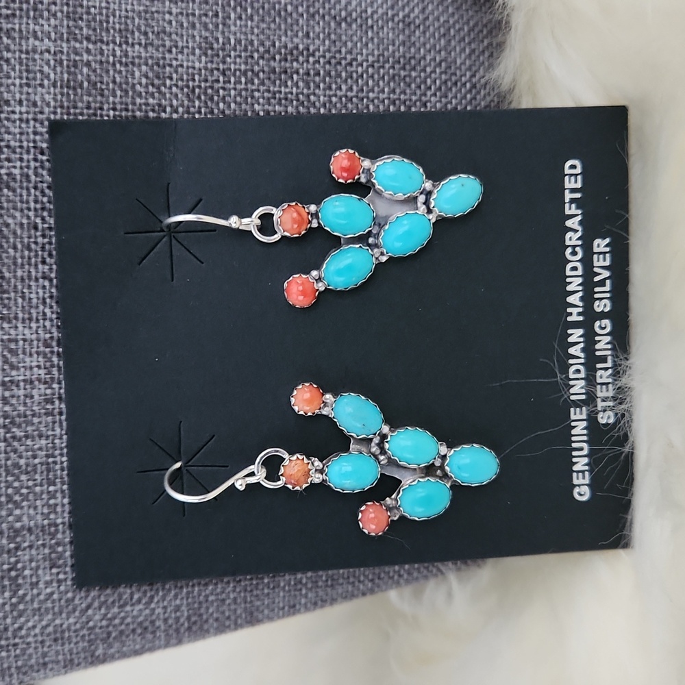 NWT Native American Navajo Turquoise Cactus Dangle Earrings 🩵🌵🧡 - Picture 11 of 12